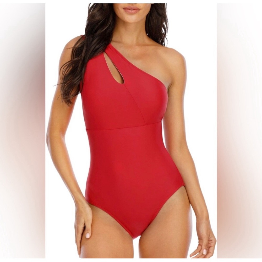 NWT Halcurt Red One Shoulder 1Pc Swimsuit Tummy Control Double Strap Large